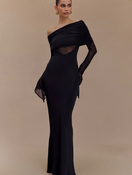 Meshki Dresses & Skirts - Meshki - Kaitlin One-Shoulder Black Mesh-Detail Evening Dress